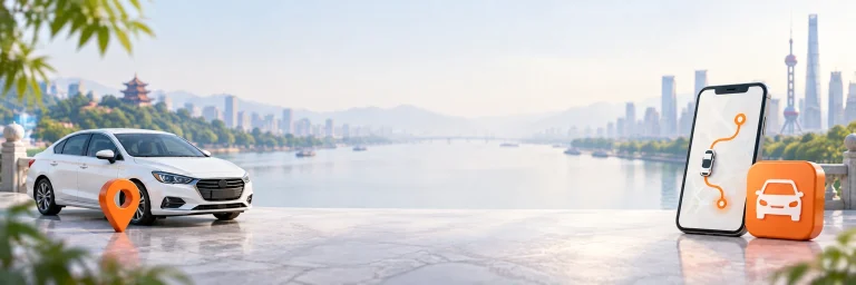 A ride-hailing car, pickup pin and smartphone with an orange route beside a Chinese waterfront.