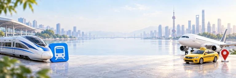 A high-speed train, metro symbol, passenger aircraft and taxi beside a Chinese city waterfront.