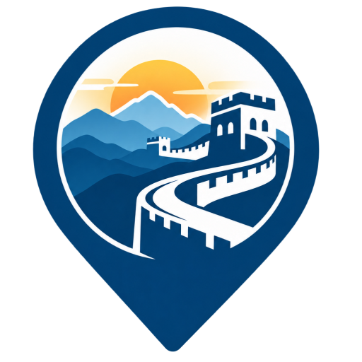 ChinaTripScout logo: the Great Wall, mountains and a golden sunrise inside a blue location pin