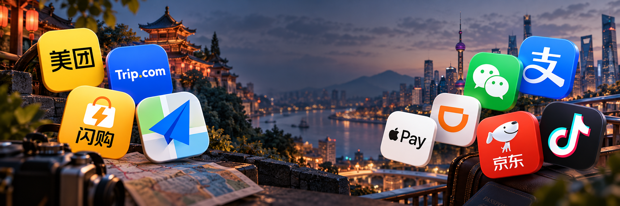 China travel apps including Meituan, Trip.com, Amap, WeChat, Alipay, Didi, Apple Pay, JD and Douyin